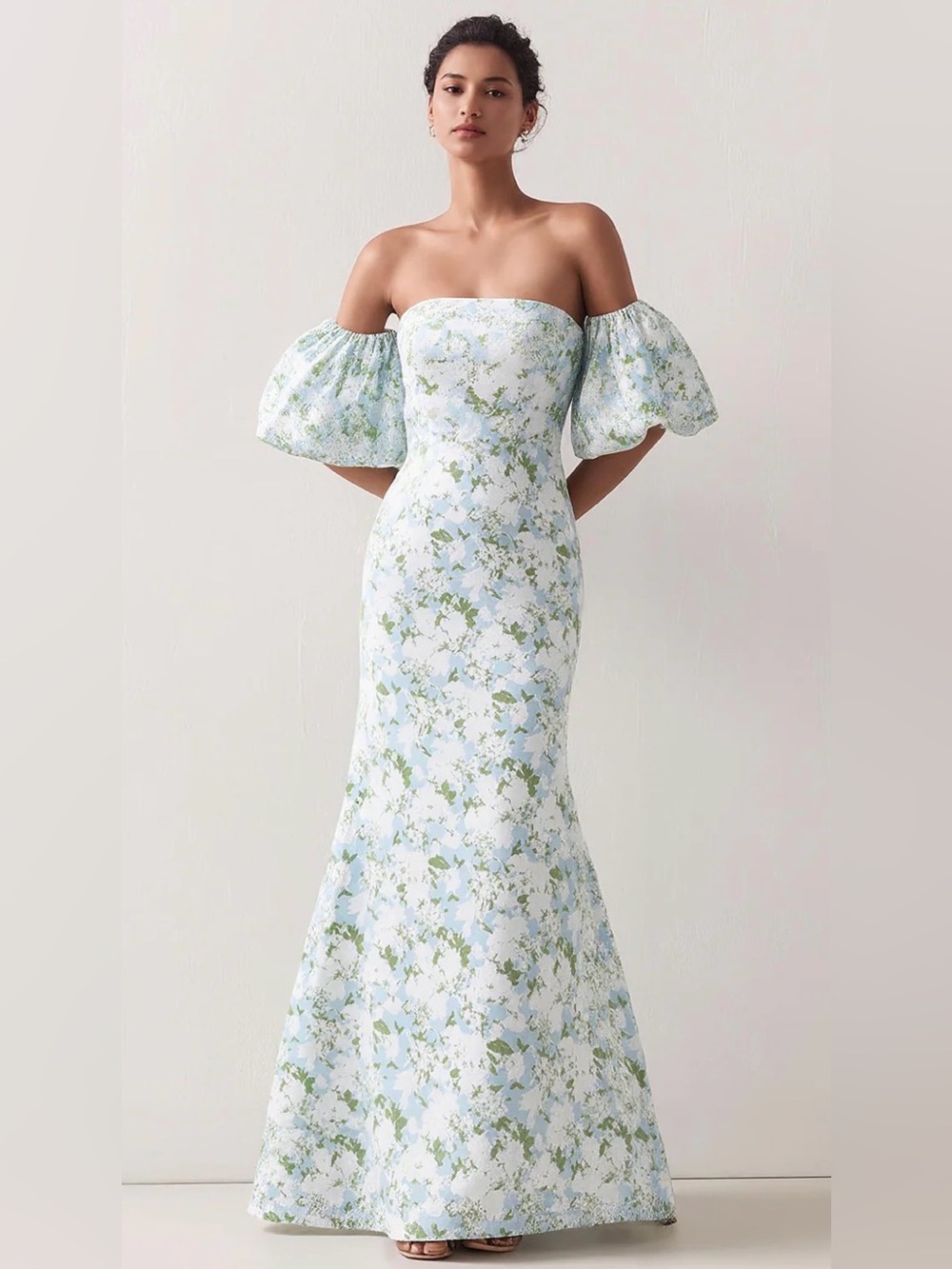 Off-Shoulder Floral Mermaid Dress in Light Blue and Green